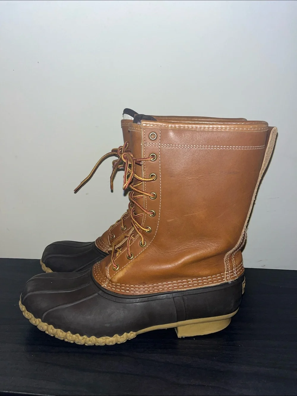 L.L. Bean Men's Brown Leather and Dark Brown Waterproof Duck Boots tall